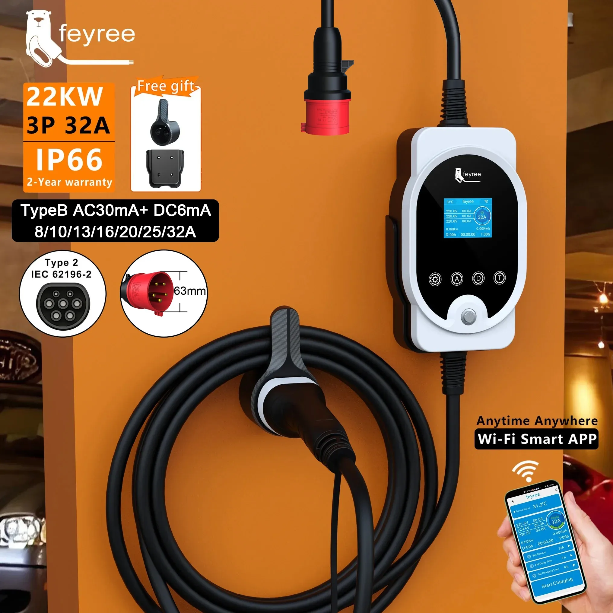 Feyree 22KW Type2 Cable EVSE W - огляд і ціна Ev Charger Type 2 22Kw 32A 3 Phase