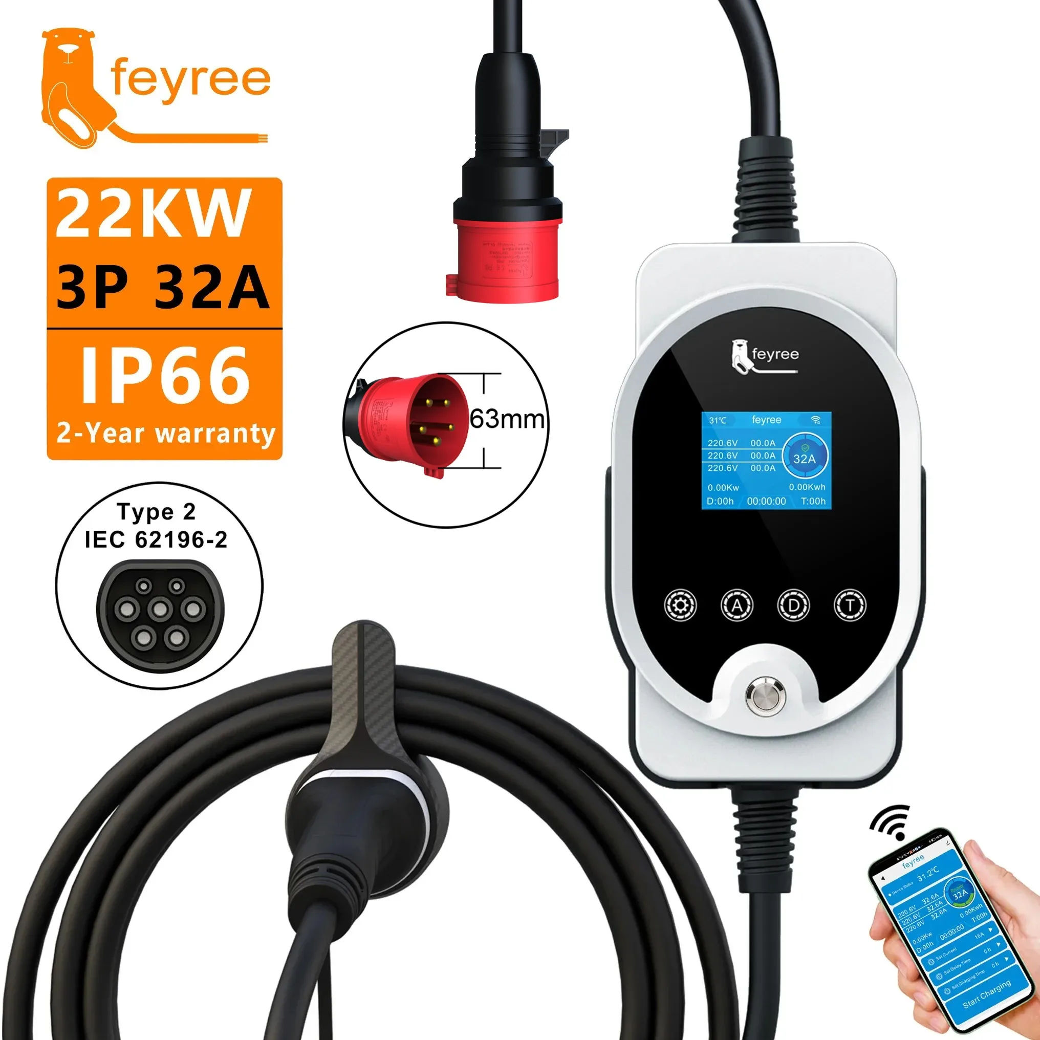 Feyree 22KW Type2 Cable EVSE W - огляд і ціна Ev Charger Type 2 22Kw 32A 3 Phase